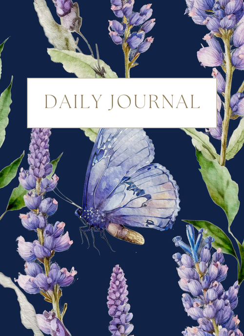 Daily journal cover with butterfly and floral design on a dark blue background